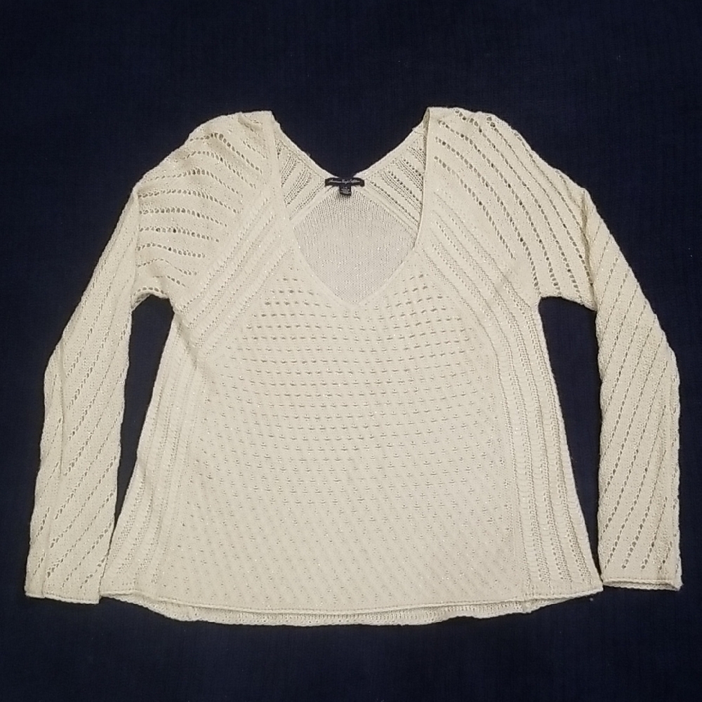 American Eagle Cream Knit V-Neck Sweater